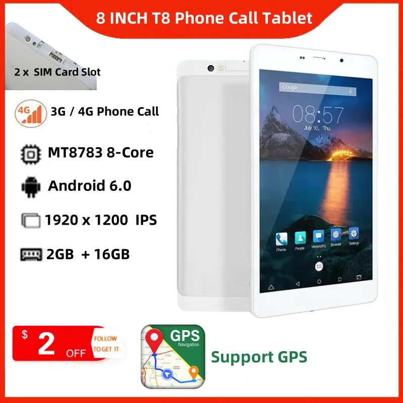 Android 6.0 Tablet 8INCH T8 3G/4G Phone Call 1920x1200 Pixels MTK8783 Octa-Core 2GB RAM 16GB ROM Support GPS Dual SIM Card
