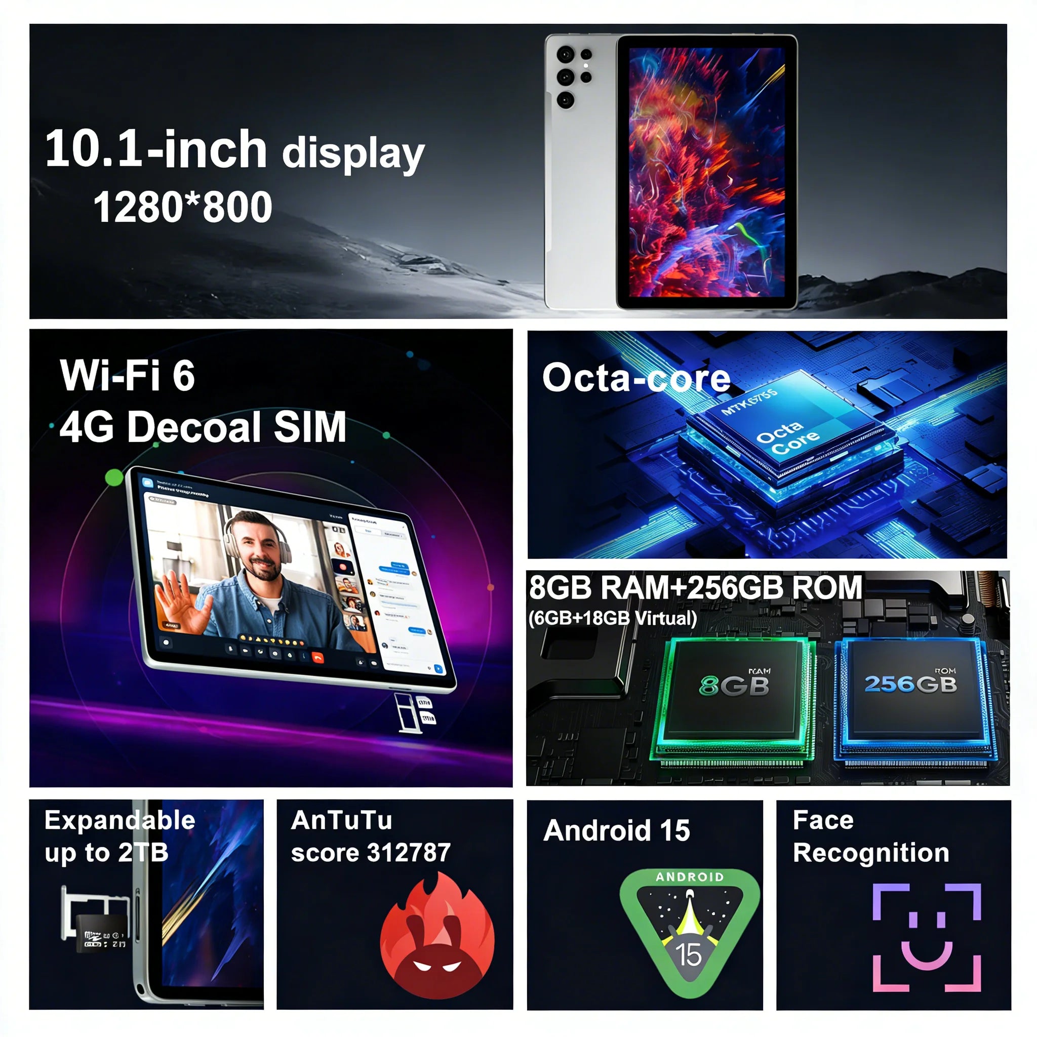 2-in-1 Android 15 Tablet, Latest Tablet Computer, 10.1-inch Tablet, 8GB 256GB, with Keyboard, Protective Case, and Stylus