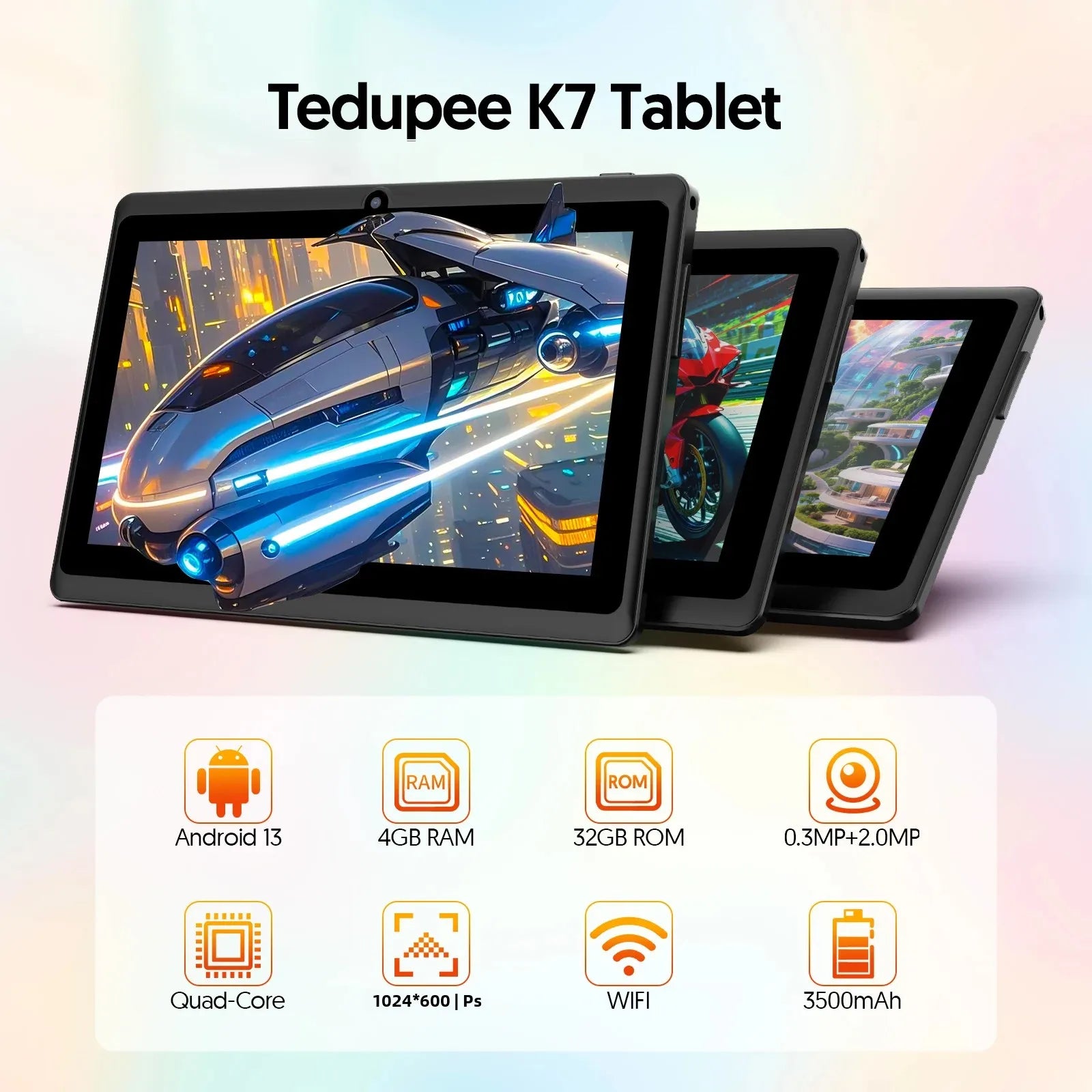 7-inch Android 13 Tablet, 4 (2+2) GB RAM, 32GB storage, 3500mAh battery, HD 1024x600 IPS display, Dual cameras, WiFi, Bluetooth